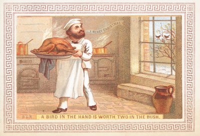 Chef che tiene un piatto di tacchino, Cartolina di Natale da English School