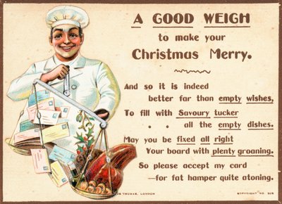 Chef che pesa lettere e cibo su bilance, biglietto di Natale da English School
