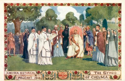 Pageant Storico di Chelsea 1908, il Sinodo di Chelsea (litografia a colori) da English School