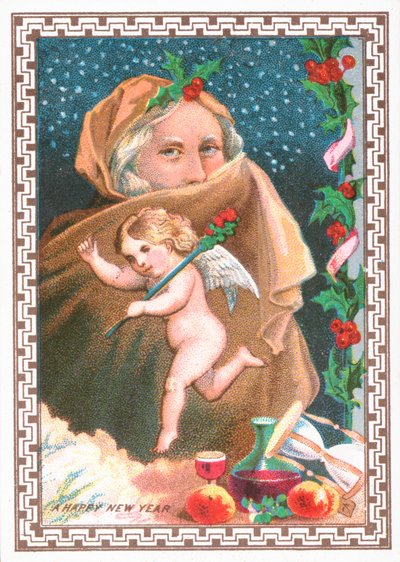 Cherubino che balla e signora che si copre il viso con uno scialle, cartolina di Capodanno da English School
