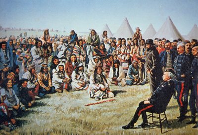 Il capo Poundmaker si arrende al generale Middleton durante la ribellione del Nord-Ovest del 1885 da English School