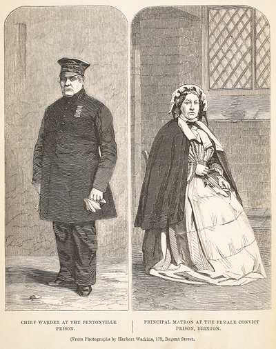 Capo guardiano alla prigione di Pentonville e Matrona principale alla prigione femminile di Brixton, illustrazione da The Criminal Prisons of London and Scenes from Prison Life di Henry Mayhew e John da English School