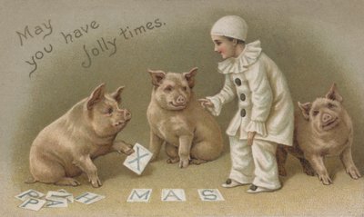 Bambino in costume da Pierrot con tre maiali, cartolina di Natale (cromolitografia) da English School