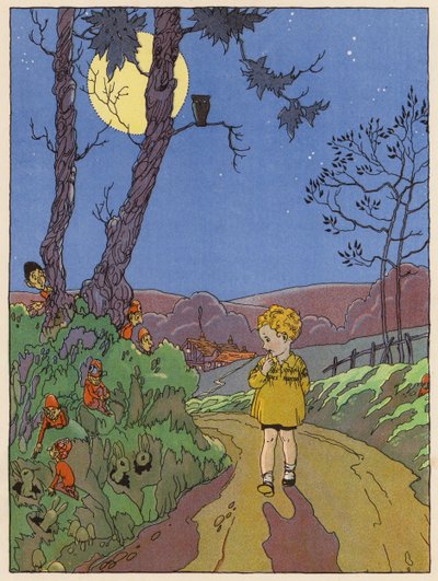 Bambino che cammina di notte e vede conigli, elfi e altre creature (litografia a colori) da English School