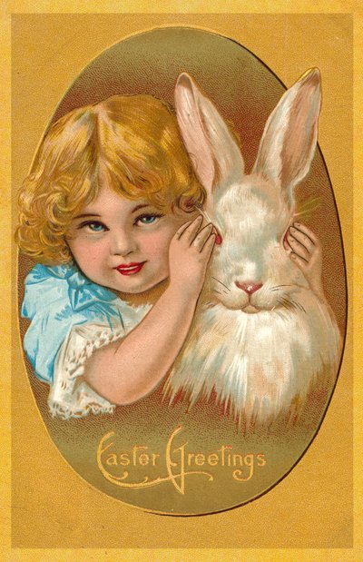 Bambino con coniglio (litografia a colori) da English School