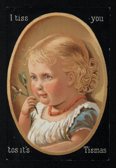 Bambino con vischio, cartolina di auguri di Natale da English School