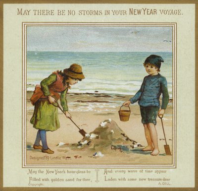 Bambini che giocano sulla spiaggia - Cartolina di Capodanno da English School