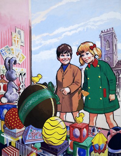 Bambini che ammirano una mostra di Pasqua da English School