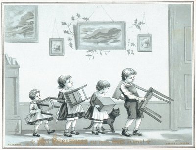Bambini che portano sedia e sgabelli da English School