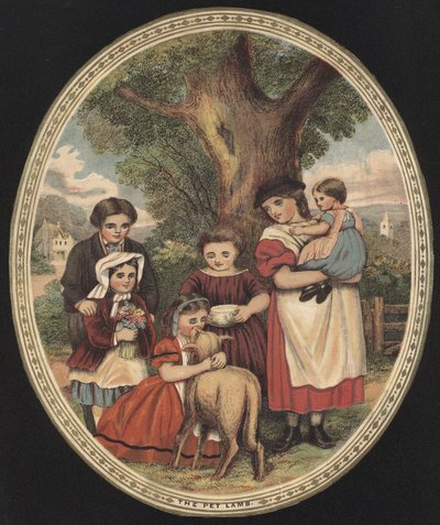 Bambini che si prendono cura del loro agnello domestico (incisione a colori) da English School