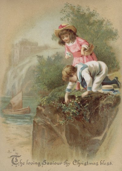 Bambini che raccolgono fiori su una riva del fiume, cartolina di Natale (cromolitografia) da English School