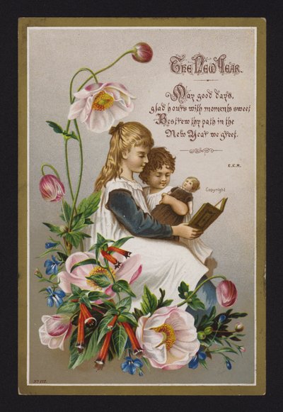 Bambini che leggono un libro, cartolina di auguri di Capodanno, fine XIX o inizio XX secolo da English School