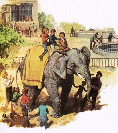 Bambini che cavalcano Jumbo allo zoo di Londra da English School