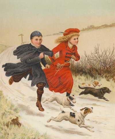 Bambini che corrono con i cani lungo una strada innevata da English School