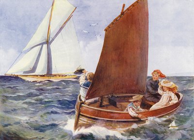 Bambini che navigano e osservano uno yacht di passaggio (litografia a colori) da English School