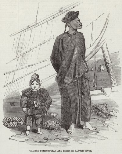 Uomo e bambino su una barca cinese da English School