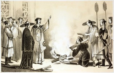 Funzionario cinese che presiede alla combustione di oggetti, possibilmente libri da English School