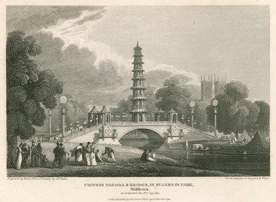 Pagoda cinese e ponte, St Jamess Park, Londra, come appariva il 1 agosto 1814 da English School