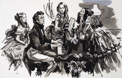 Chopin con ammiratrici (gouache su carta) da English School