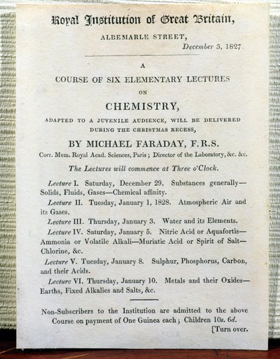 Volantino di Natale per sei lezioni elementari di chimica di Michael Faraday (1778-1829) 3 dicembre 1827 da English School