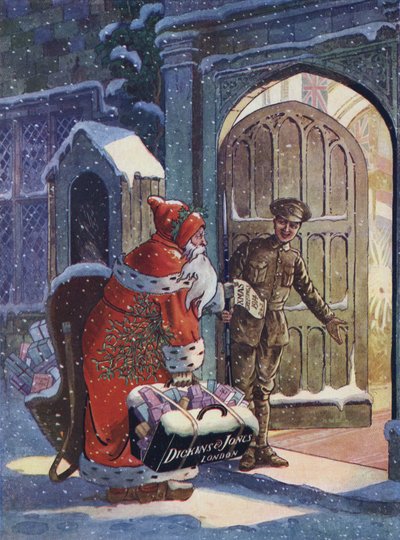Pubblicità di Natale che mostra Babbo Natale che porta doni ai soldati della Prima Guerra Mondiale dal grande magazzino Dickins and Jones (litografia a colori) da English School