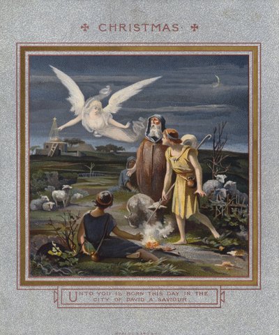 Biglietto di Natale: Pastori avvisati della nascita di Gesù mentre sorvegliano i loro greggi di notte (cromolitografia) da English School