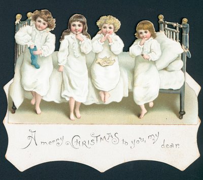 Biglietto di Natale, bambini sul letto con le loro calze da English School