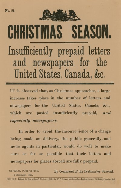 Avviso postale natalizio per ordine del Postmaster General, 9 dicembre 1890 da English School