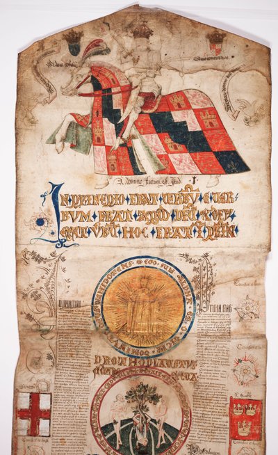 Cronaca della storia del mondo dalla creazione a Woden, con una genealogia di Edoardo IV (Rotolo di Edoardo IV), sezione iniziale con un ritratto di Edoardo IV a cavallo, un medaglione con Dio e un altro da English School