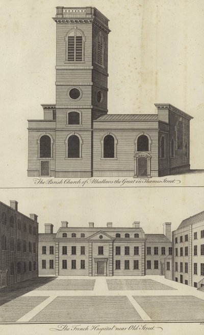 Chiesa di Allhallows the Great, Thames Street e Ospedale Francese vicino a Old Street, Londra da English School
