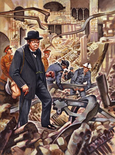 Churchill osserva i danni dopo che una bomba tedesca ha distrutto parte della Camera dei Comuni da English School