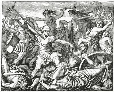 Donne cimbriche difendono il loro carro fortificato dai soldati romani, 1882 da English School