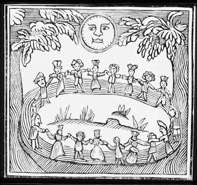 Cerchio di streghe che danzano sotto la luna piena, illustrazione da una raccolta di chapbook sull