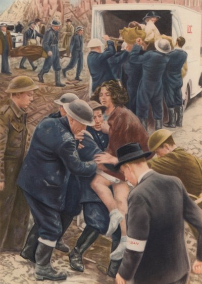 Squadre di soccorso della difesa civile che recuperano le vittime di un raid aereo dalle macerie delle loro case durante il Blitz, Seconda Guerra Mondiale da English School