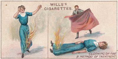 Vestiti in fiamme, n.34 dalla serie di carte di sigarette di primo soccorso di Willss, 1913 da English School