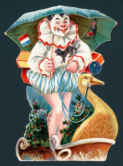 Clown con ombrello su slitta d