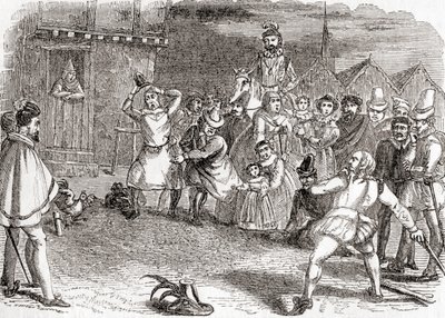 Cock throwing, noto anche come cock-shying o throwing at cocks, da Old England: A Pictorial Museum, pub. 1847 da English School