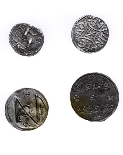 Monete di Cunobelinus o Cymbeline (m. 43 d.C.), Offa, Re di Mercia (757-96 d.C.) e Alfredo (871-99 d.C.) ed Edoardo il Vecchio (871-924 d.C.) da English School