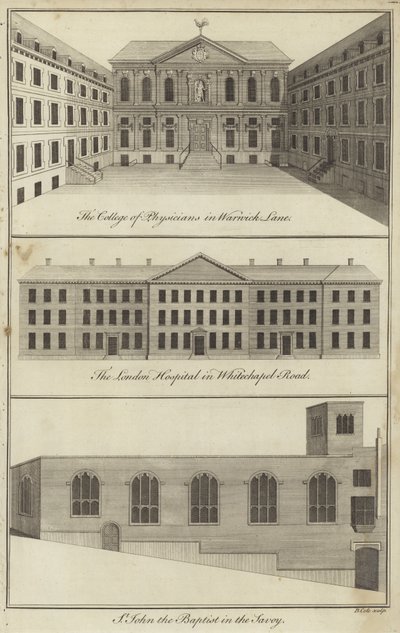 College of Physicians in Warwick Lane, London Hospital in Whitechapel Road e Chiesa di St John the Baptist nel Savoy, Londra da English School