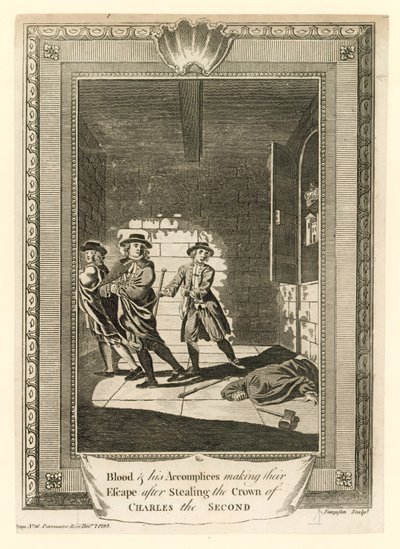 Il colonnello Blood e i suoi complici che fuggono dopo aver rubato la corona di re Carlo II da English School