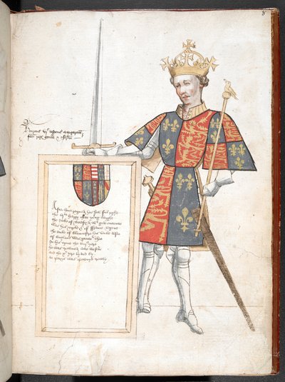Disegno colorato di un re inglese in armatura e tabarro (Enrico VI), che presenta una targa con versi, illustrazione dal 