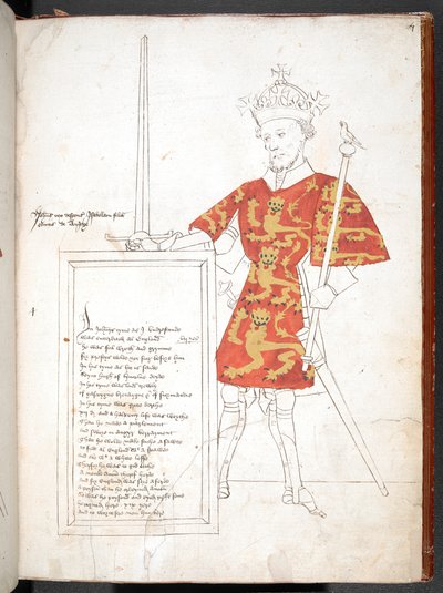 Disegno a colori di un re inglese in armatura e tabarro (Re Giovanni) che presenta una targa con versi. Incompiuto. da English School