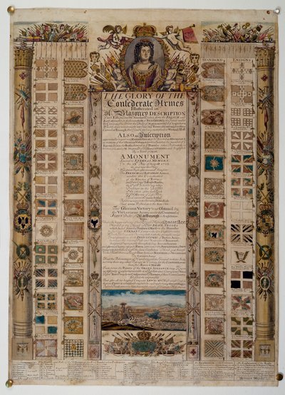 Carta commemorativa che mostra gli stendardi catturati dai francesi dopo la Battaglia di Blenheim, c.1704 da English School