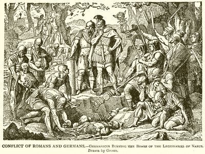 Conflitto tra romani e germani. Germanico seppellisce le ossa dei legionari di Varo da English School