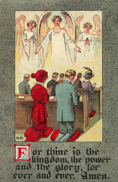 Congregazione che recita il Padre Nostro (litografia a colori) da English School