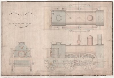 Disegno di costruzione, locomotiva 0-4-2 e tender di R. e W. Hawthorn e Co. per la Stanhope and Tyne Railway Co da English School