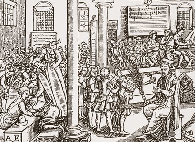 Xilografia contemporanea di una scuola di grammatica Tudor da English School