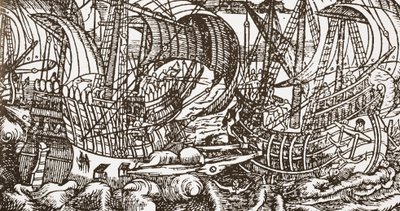 Xilografia contemporanea di una nave da guerra in mare da English School