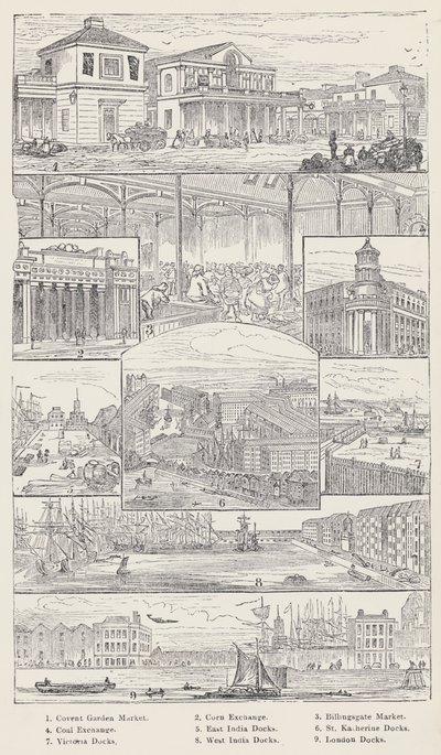 Convent Garden Market, Corn Exchange, Billingsgate Market, Coal Exchange, East India Docks, St Katherine Docks, Victoria Docks, West India Docks, London Docks (incisione) da English School