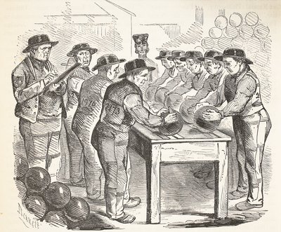 Detenuti che raschiano colpi, illustrazione da The Criminal Prisons of London and Scenes from Prison Life di Henry Mayhew e John Binny, pub. 1862 da English School